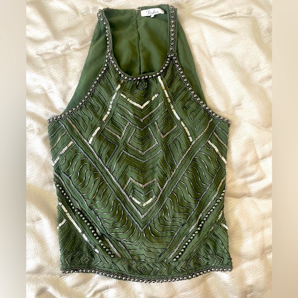 Parker Beaded Pittsburgh Chiffon Blouse, Green, Size Small